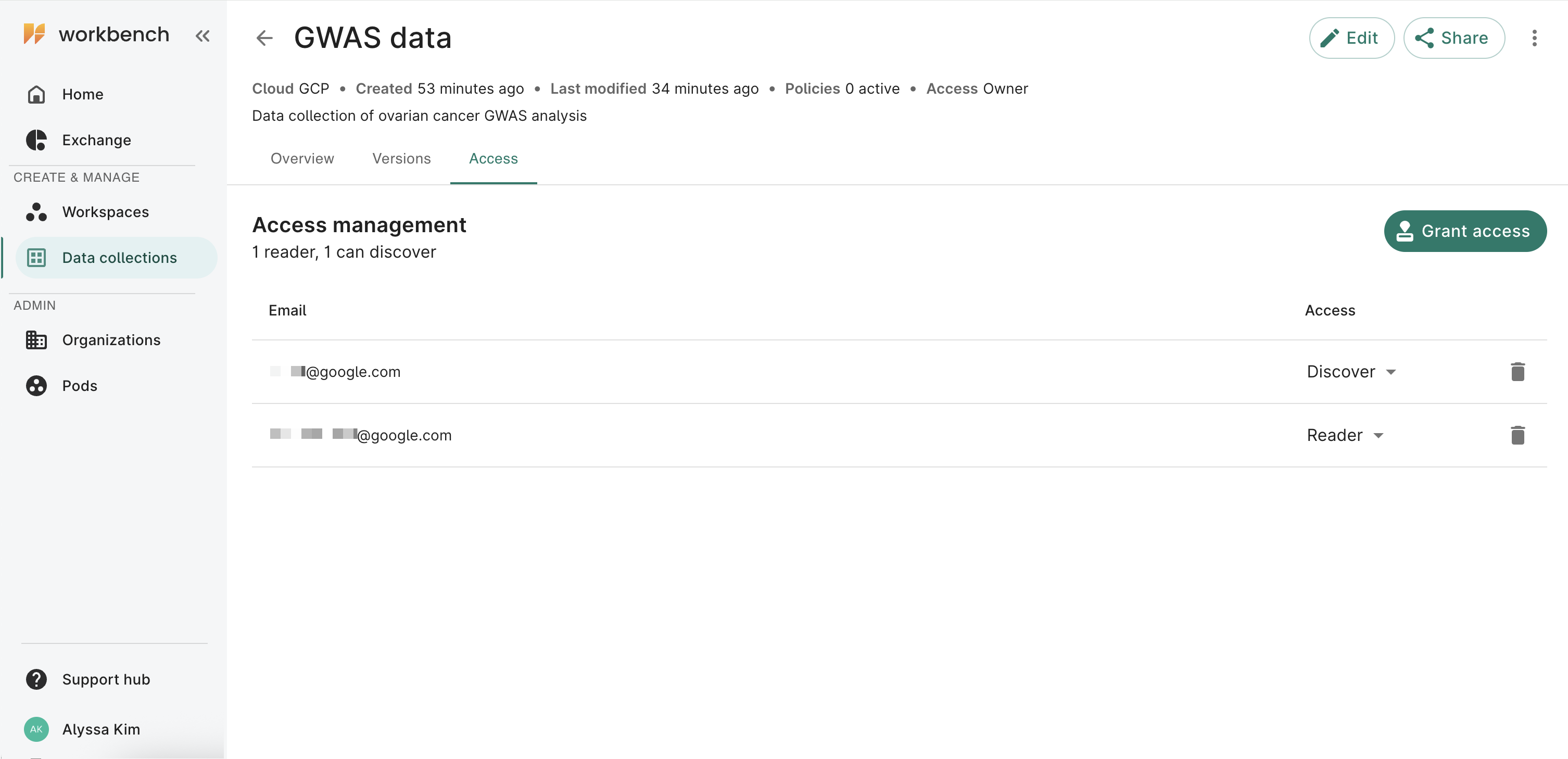 Screenshot of Access tab of a data
    collection showing two users listed with Discover and Reader access.